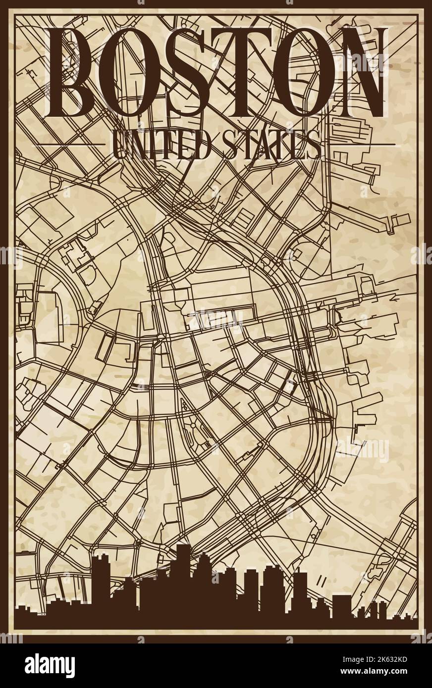 Hand drawn downtown streets network - Hand Drawn Downtown Streets Network Printout Map Of Boston United States Of America 2K632KD