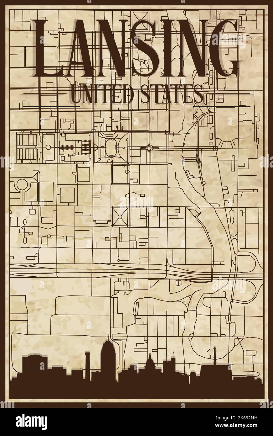 Hand drawn downtown streets network - Hand Drawn Downtown Streets Network Printout Map Of Lansing United States Of America 2K632NH 