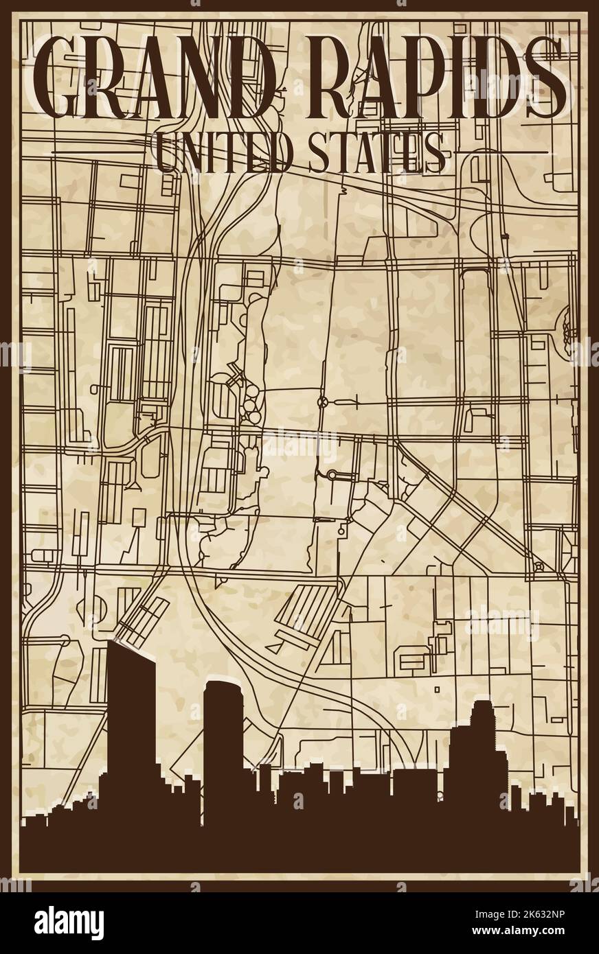 Hand drawn downtown streets network - Hand Drawn Downtown Streets Network Printout Map Of Grand Rapids United States Of America 2K632NP 