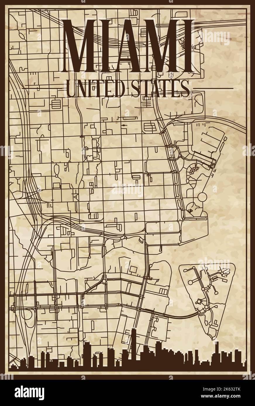 Hand drawn downtown streets network - Hand Drawn Downtown Streets Network Printout Map Of Miami United States Of America 2K632TK 