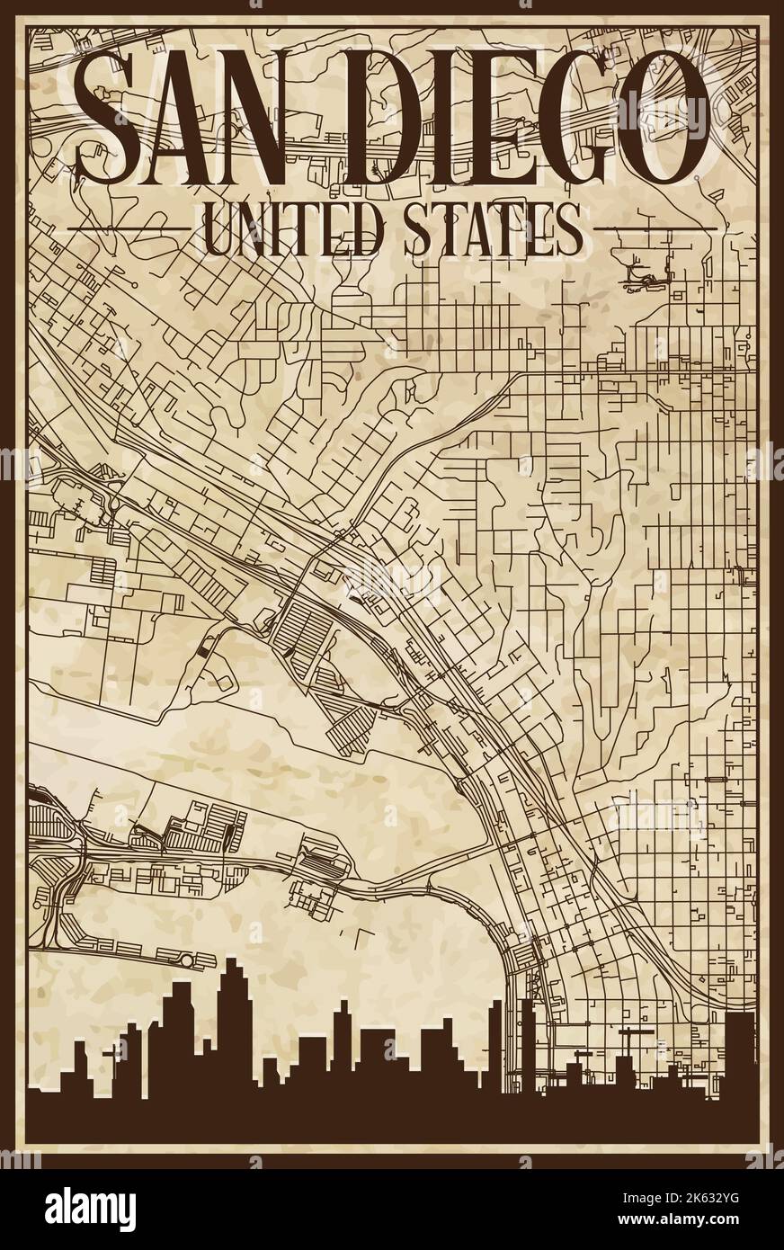 Hand drawn downtown streets network - Hand Drawn Downtown Streets Network Printout Map Of San Diego United States Of America 2K632YG 
