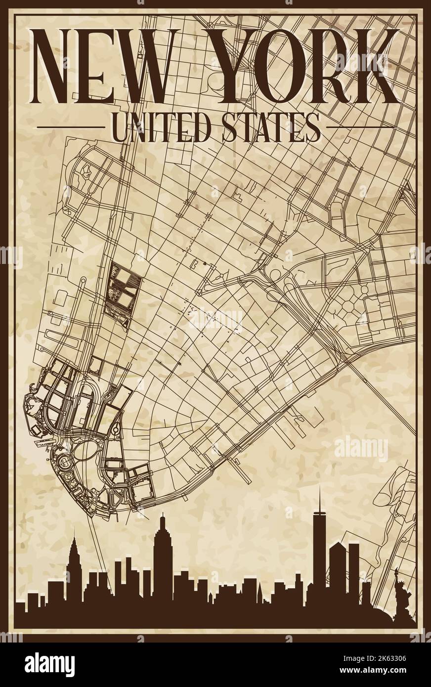 Hand drawn downtown streets network - Hand Drawn Downtown Streets Network Printout Map Of New York City United States Of America 2K63306 
