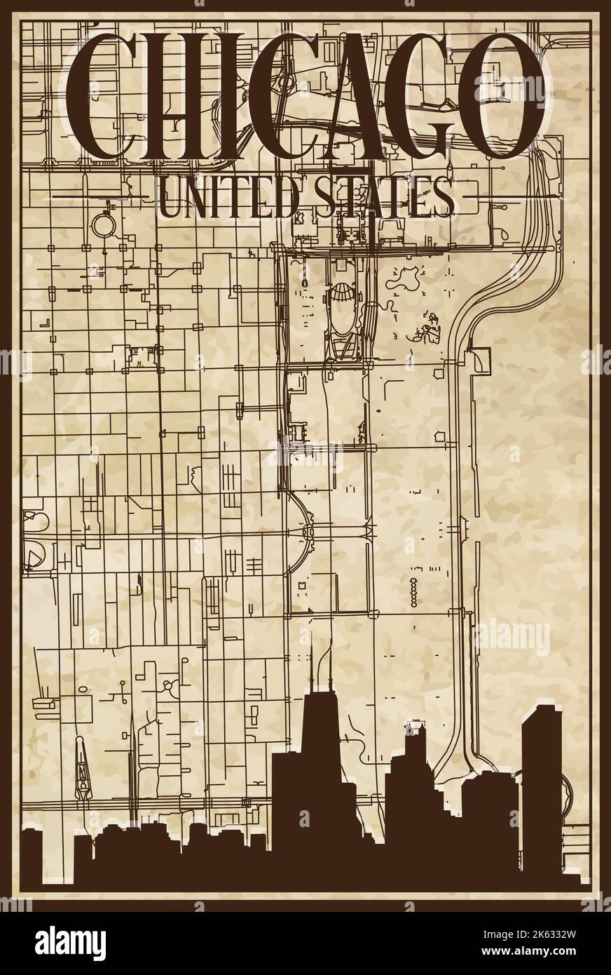 Hand drawn downtown streets network - Hand Drawn Downtown Streets Network Printout Map Of Chicago United States Of America 2K6332W 