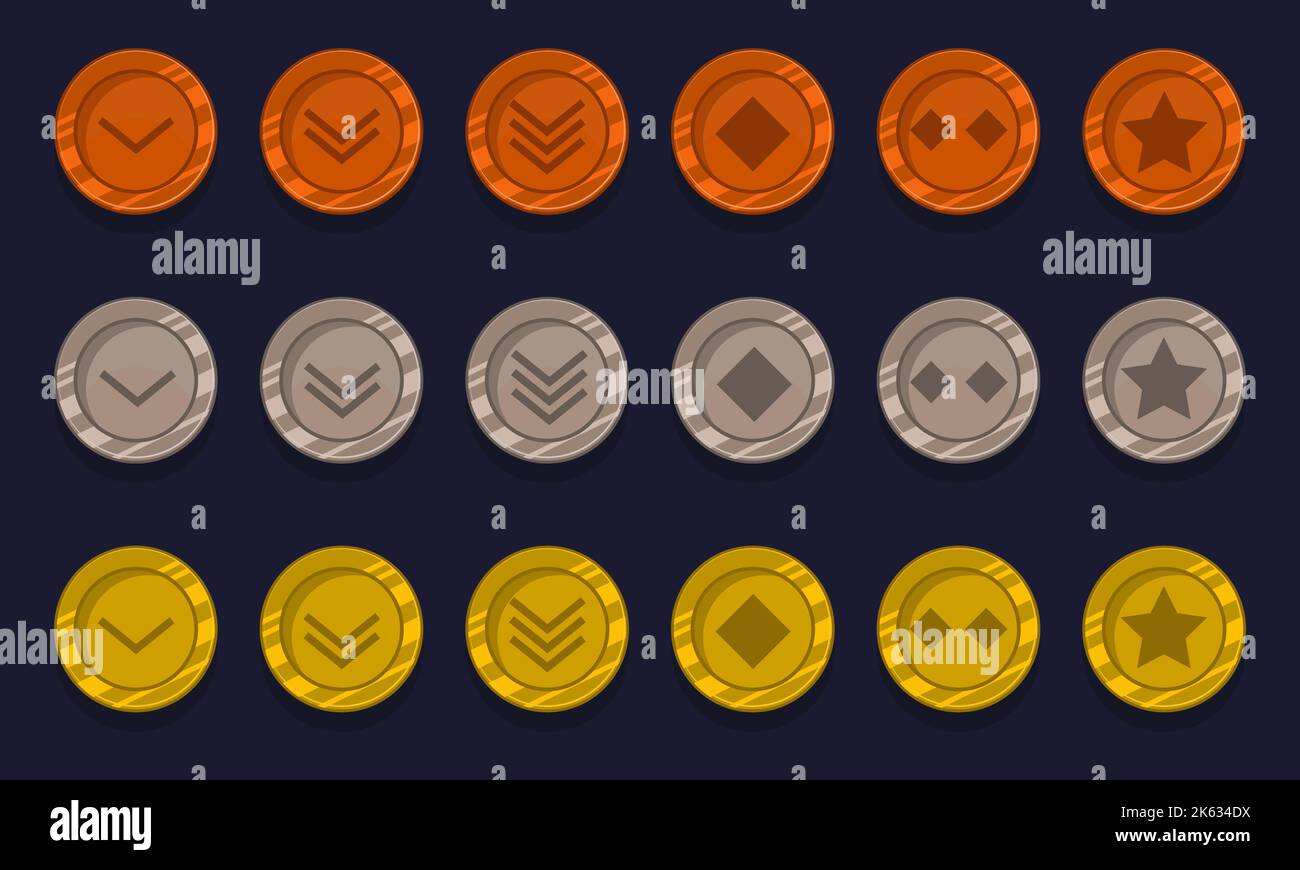 Game achievement badge or rank icon cartoon set. Gold, silver and