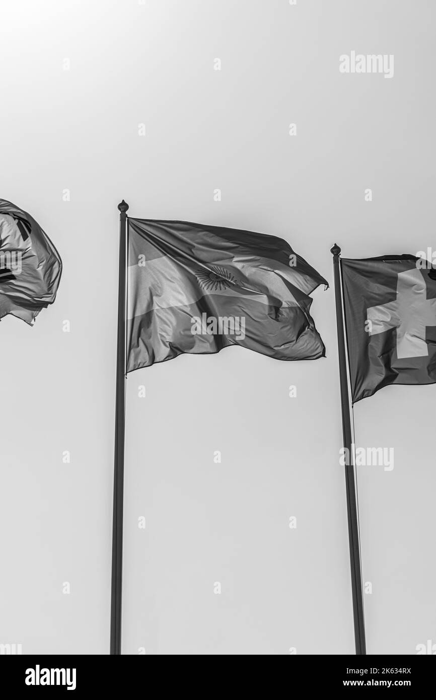 The national flag of the Argentine Republic is a triband, composed of three equally wide horizontal bands coloured light blue and white. Stock Photo