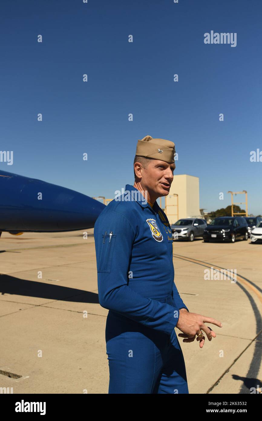 Captain Brian Kesselring, Commanding Officer, United States Navy Blue Angels flight demonstration squadron, answers questions during a media interview. Stock Photo