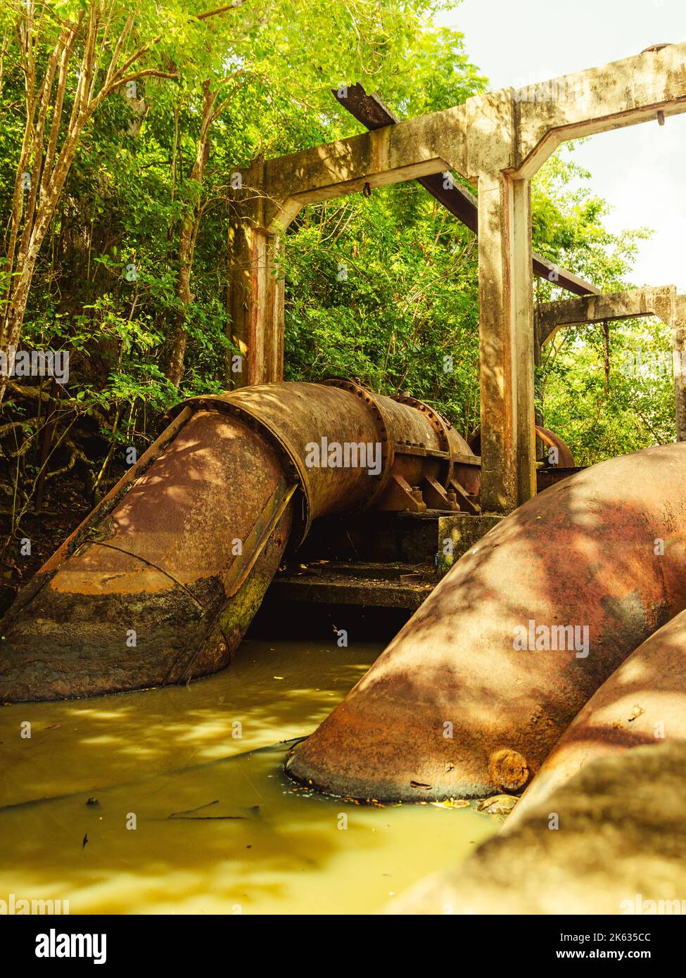 Old rusty machine with beautiful greens and trees, quarry heatherlie in ...