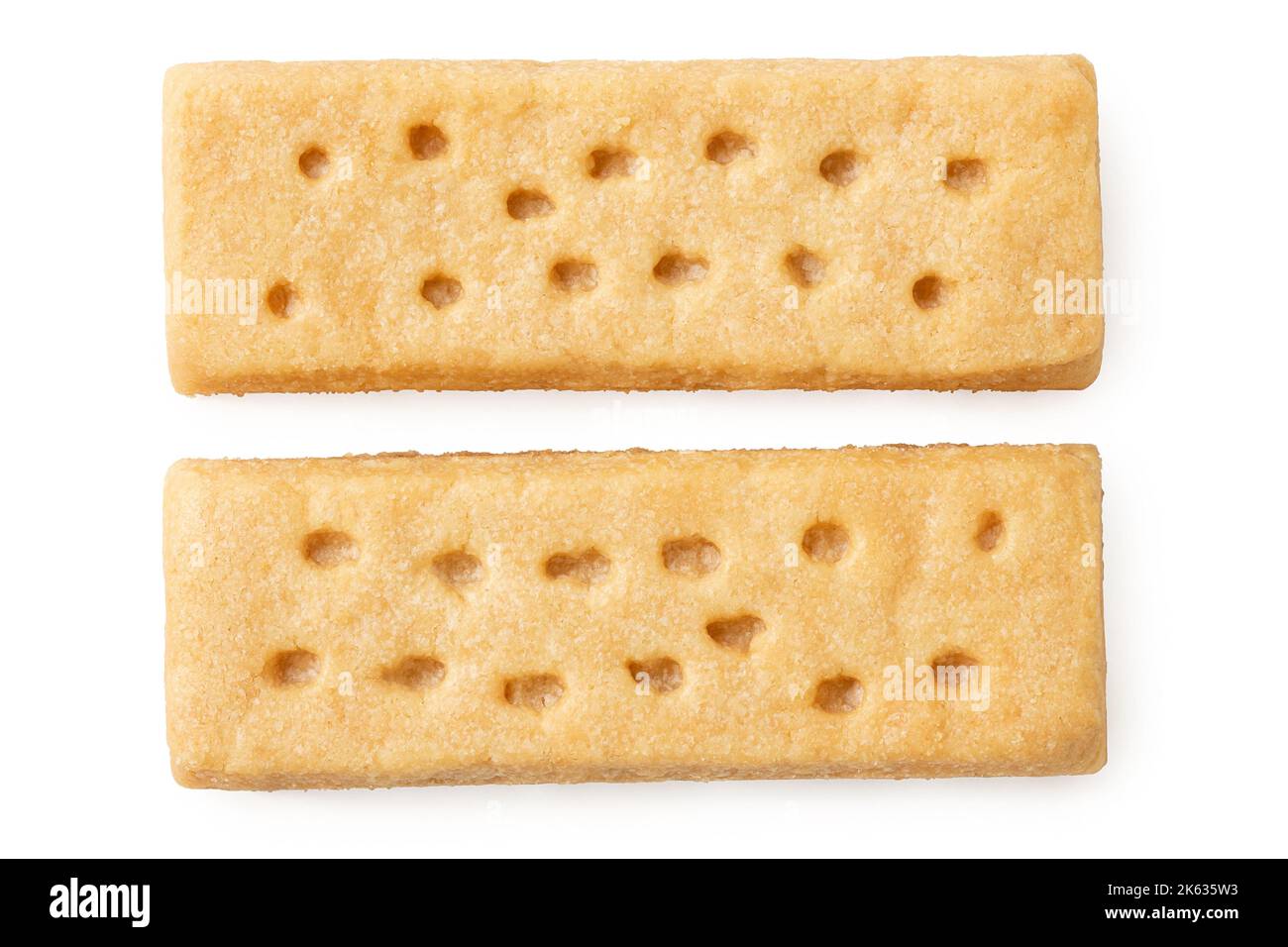 Two parallel butter shortbread finger biscuits isolated on white.Top ...