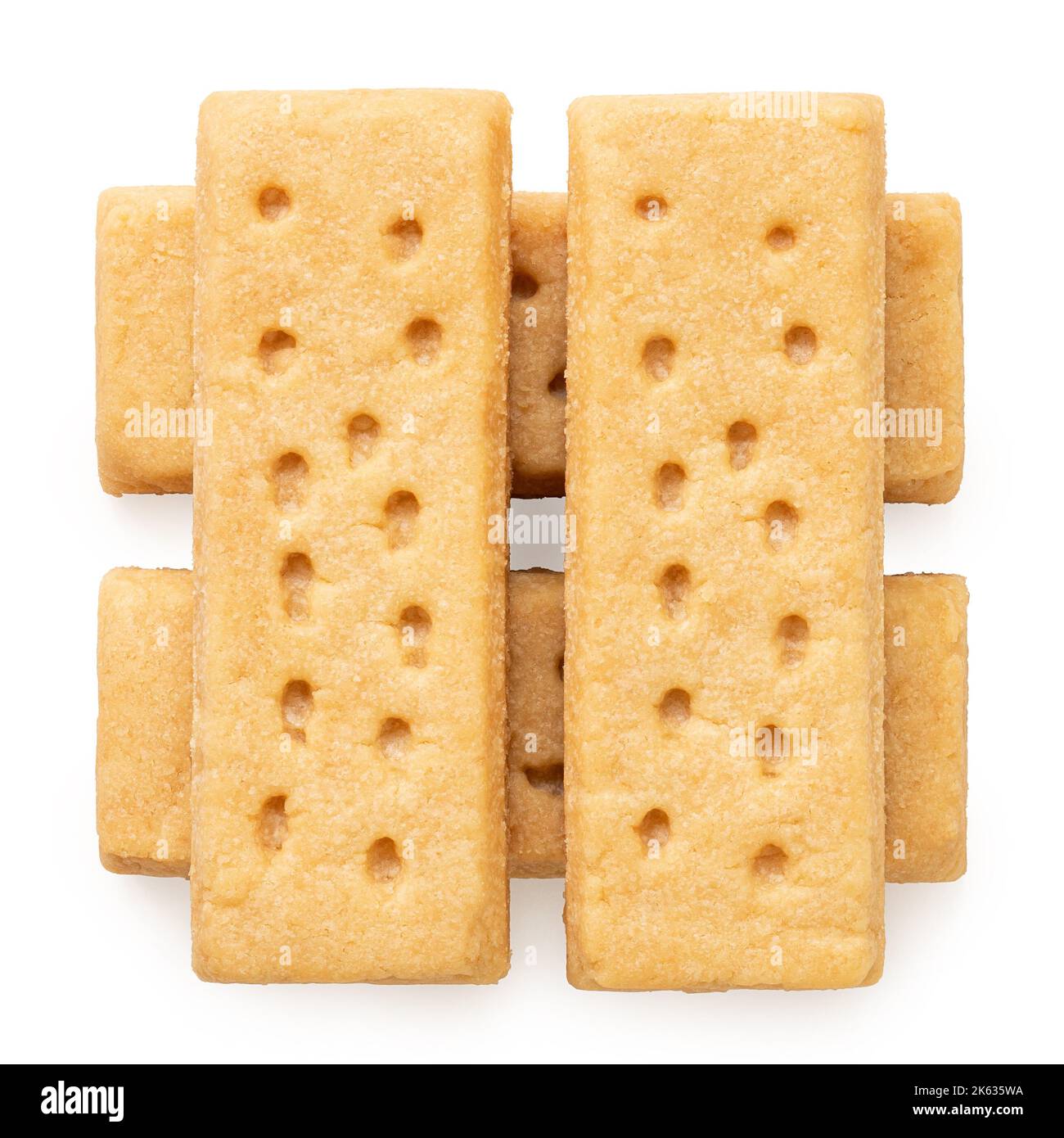 Stack of four butter shortbread finger biscuits isolated on white. Top ...