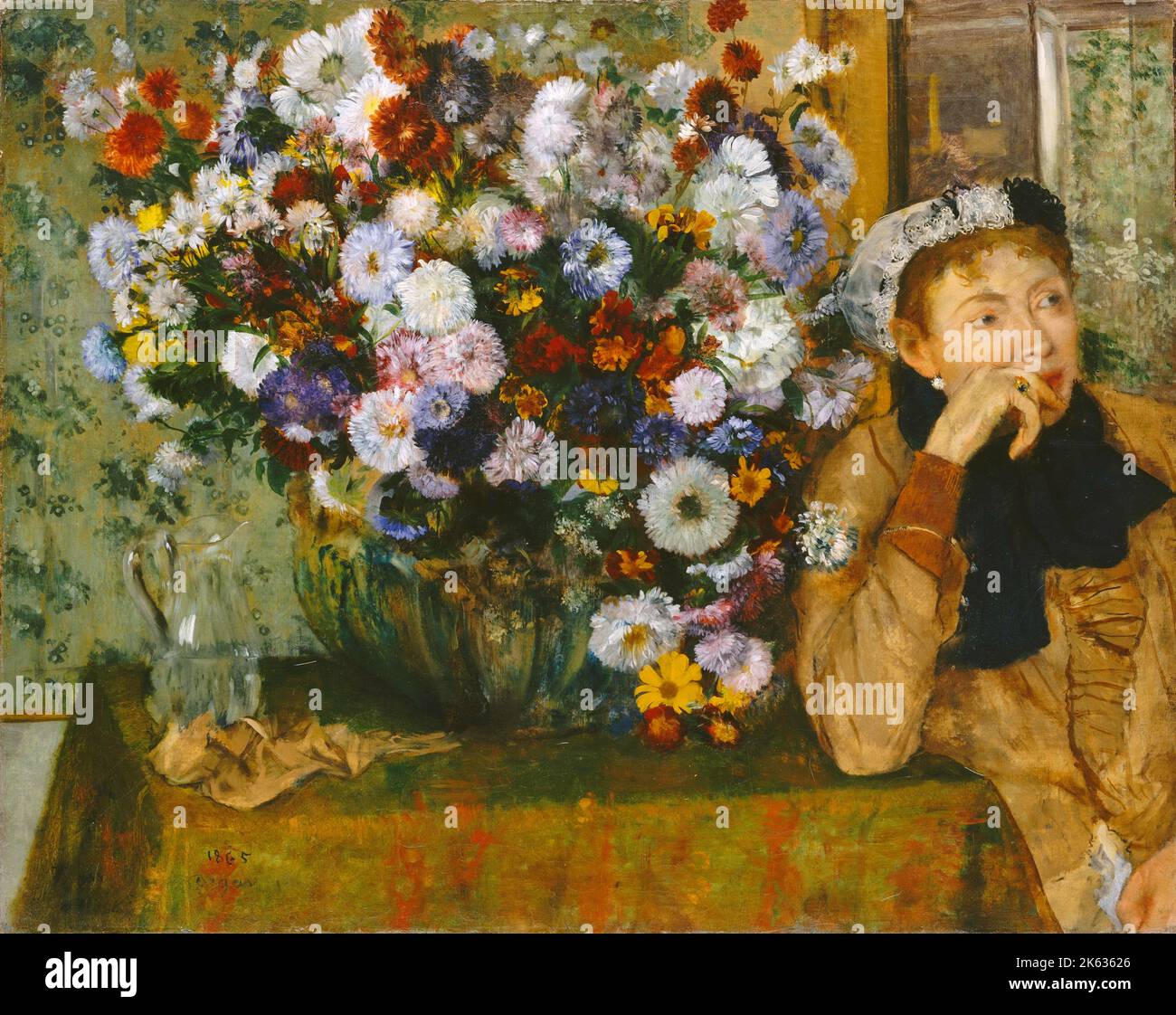 Woman Seated beside a Vase of Flowers, 1865, Painting by Edgar Degas Stock Photo