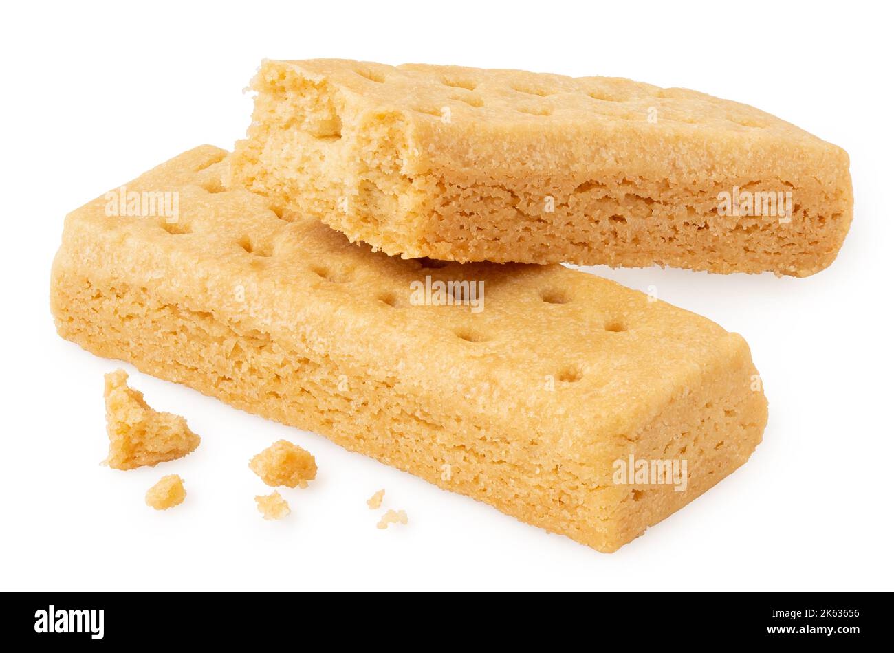 Two butter shortbread finger biscuits isolated on white. One partially eaten. Stock Photo