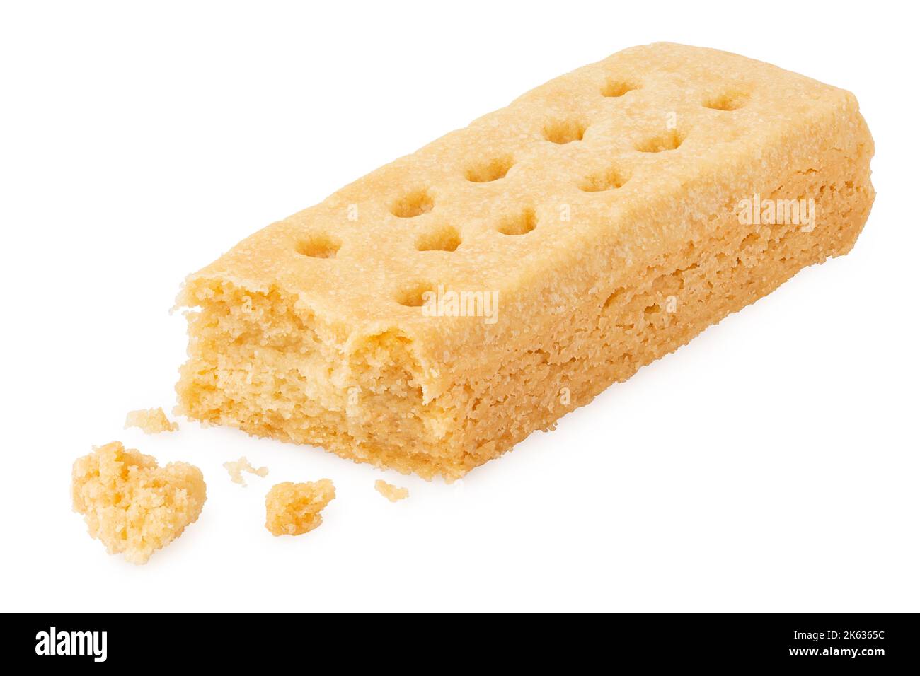Partially eaten butter shortbread finger biscuit isolated on white ...