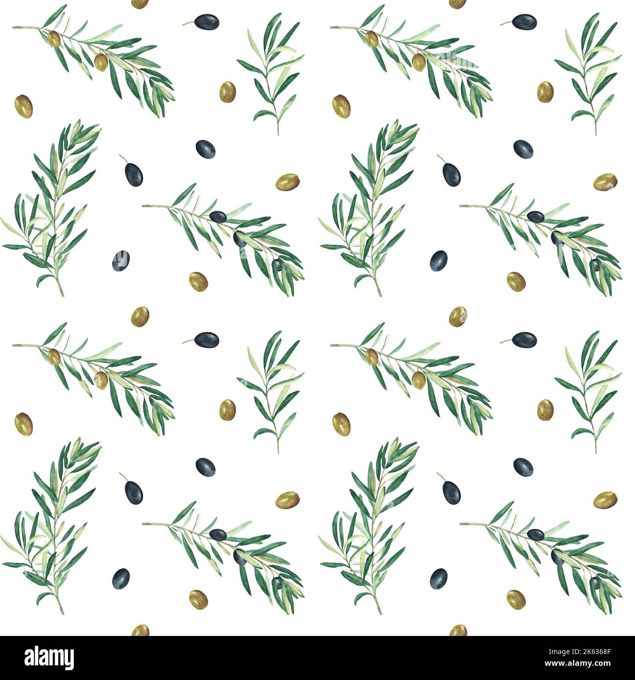 Watercolor seamless pattern with branches of green and black olives on ...