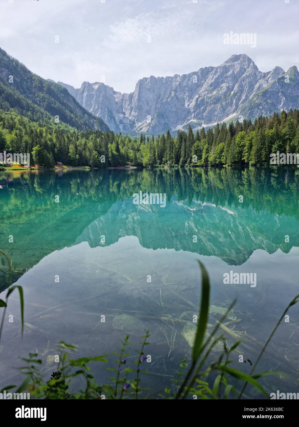 A vertical view of Laghi di Fusine (Fusine Lakes) in the Julian Alps ...