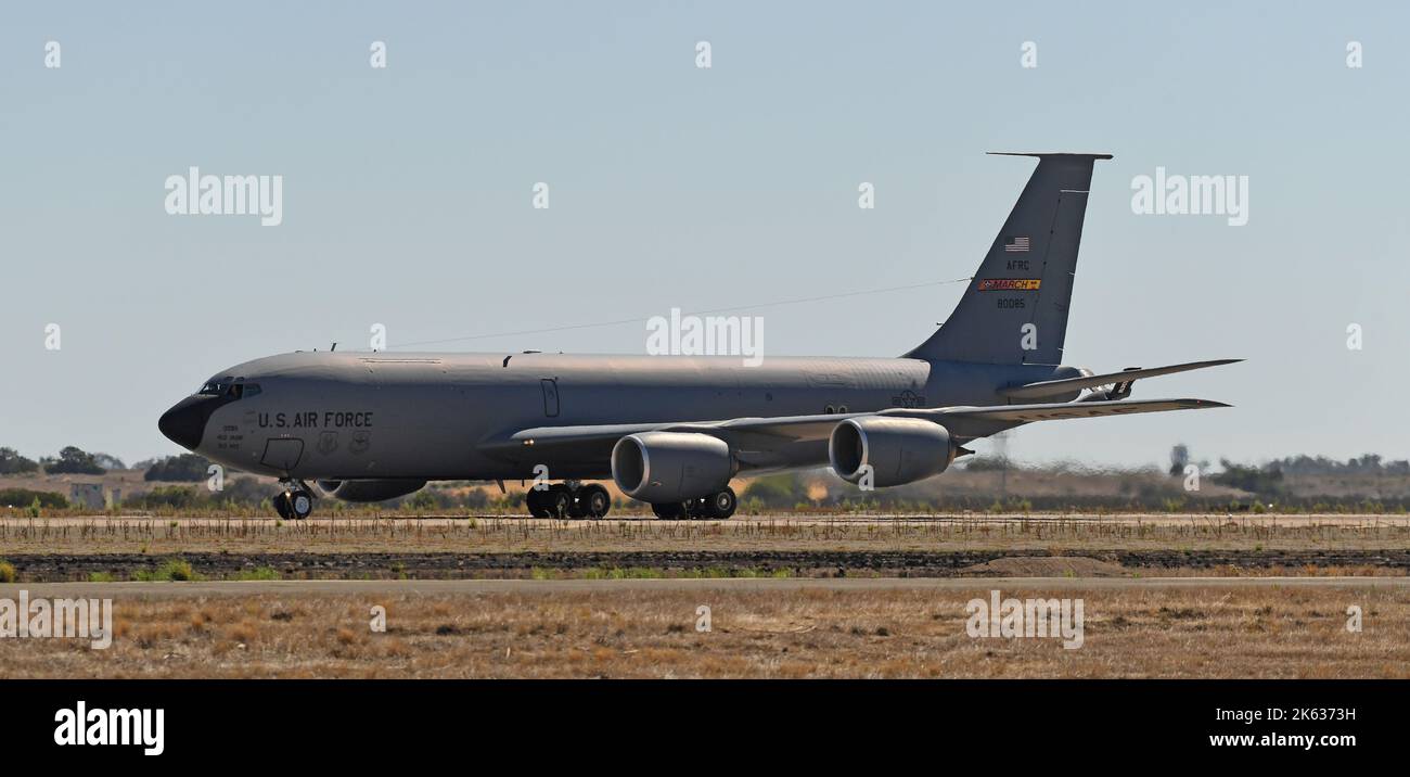 United States Air Force KC-135R from March Air Force base maneuvers on runway after landing at MCAS Miramar in San Diego, California Stock Photo