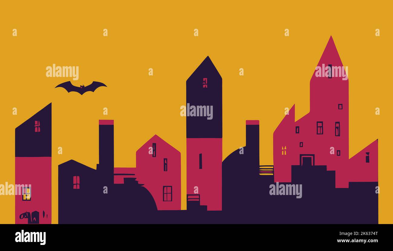 A colorful cartoon village with high buildings and a flying bat - Halloween concept Stock Vector