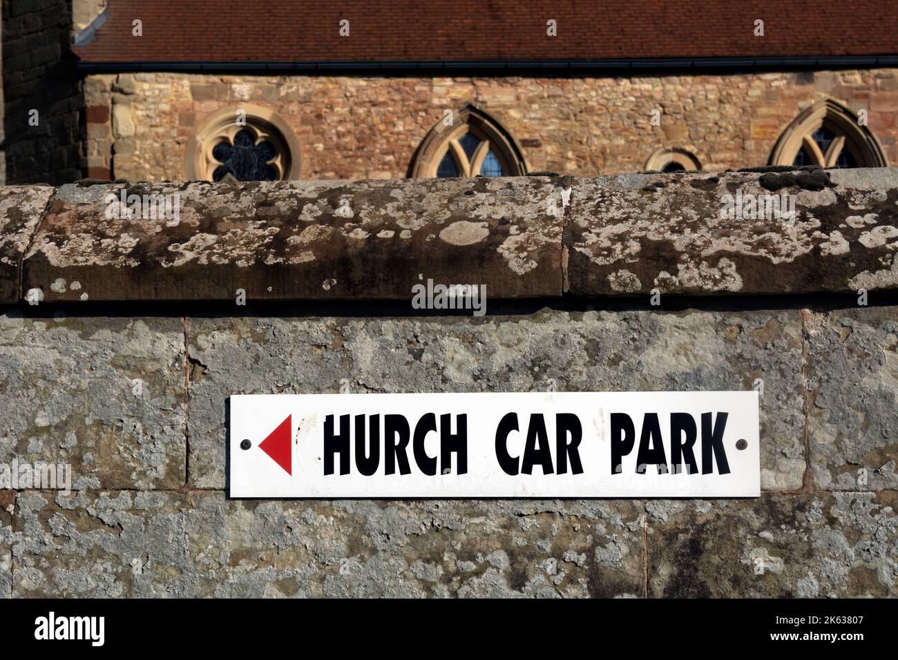 Church Car Park sign with a missing letter, Radford Semele