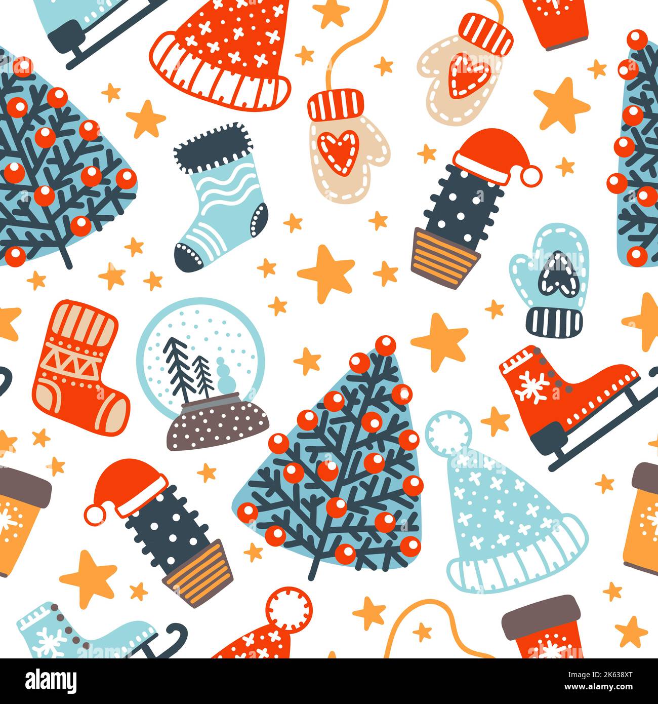 Seamless pattern with different Christmas elements star, hat, on white ...