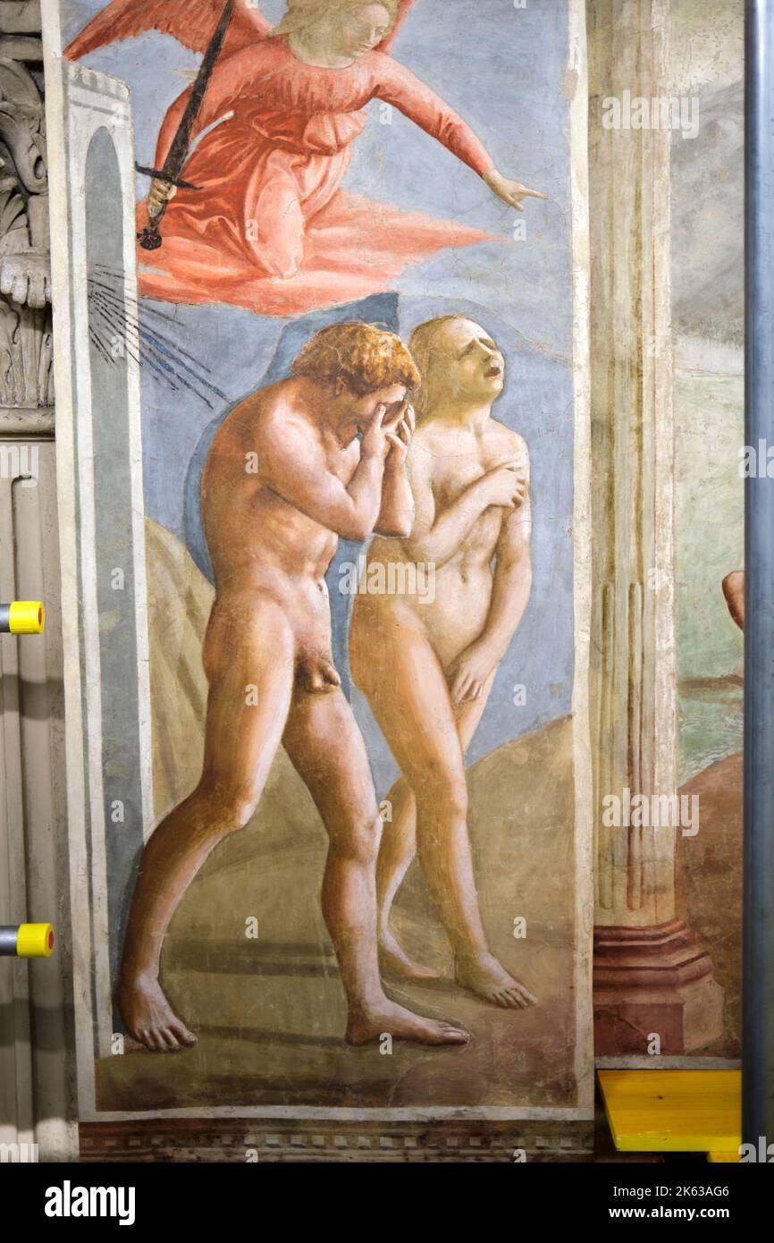 The Expulsion from the Garden of Eden by Masaccio in the Brancacci Chapel n the Church of Santa Maria del Carmine Florence Italy Stock Photo