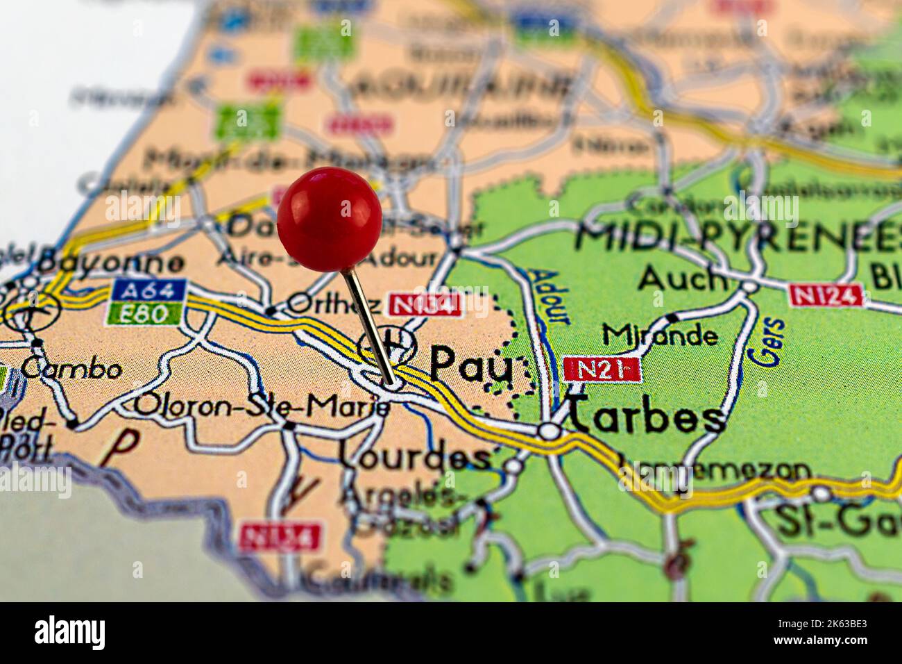Pau map. Close up of Pau map with red pin. Map with red pin point of Pau in France. Stock Photo
