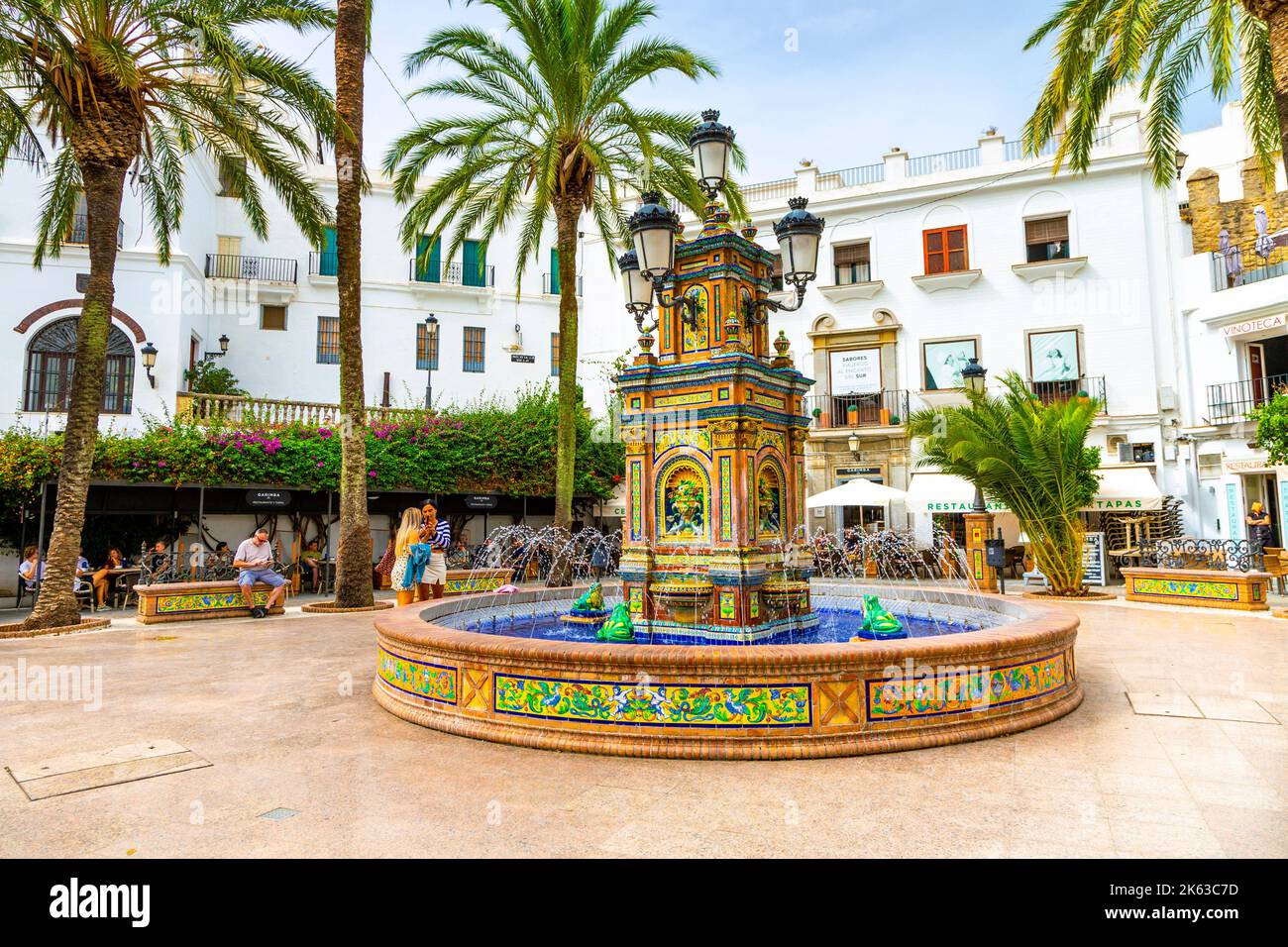 Colourful mosaic fountain at Plaza de Espana, Vejer de la Frontera, Andalusia, Spain Stock Photo