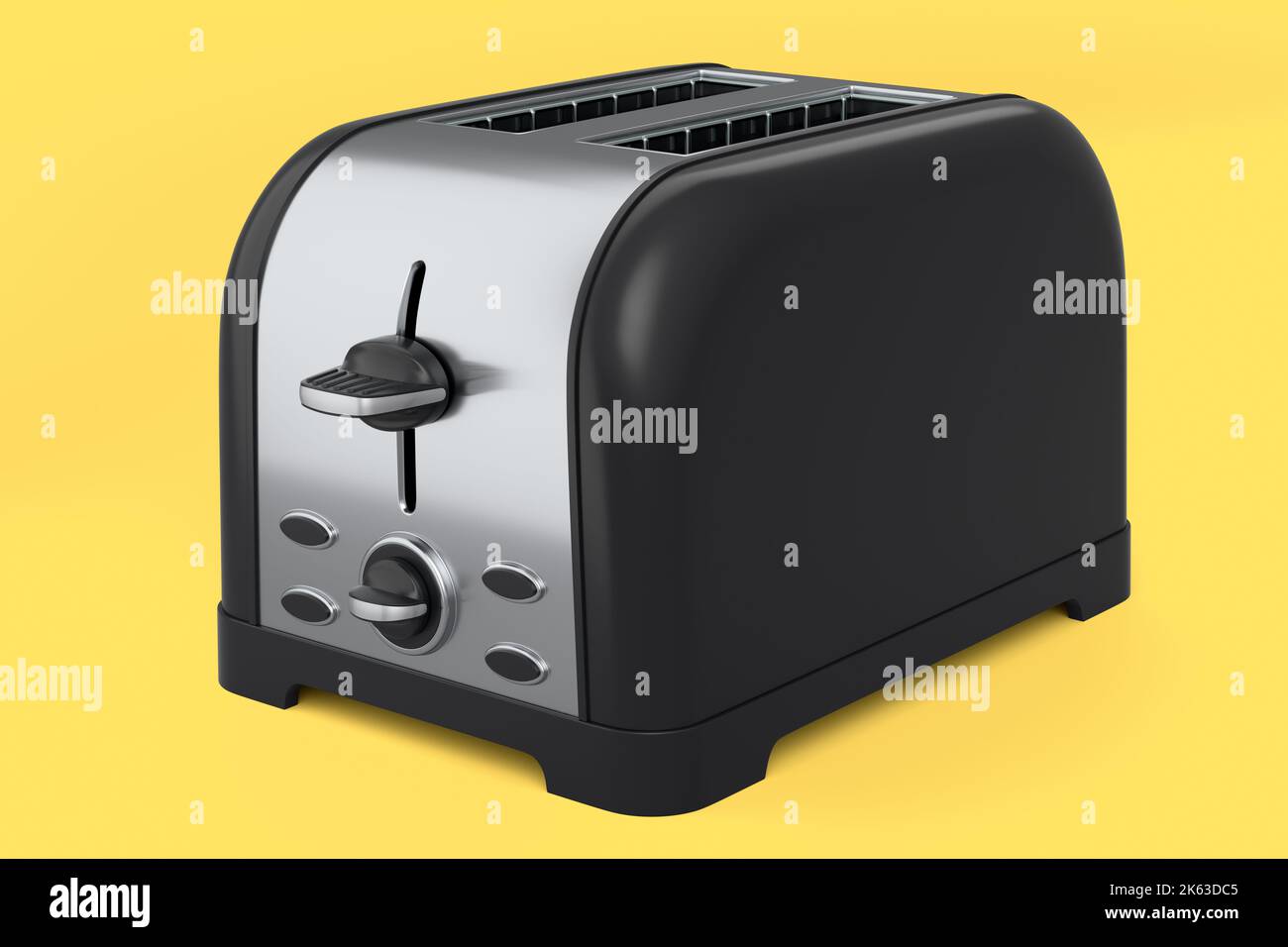 Stainless steel toaster for making toast bread on a yellow background. 3d render of good morning