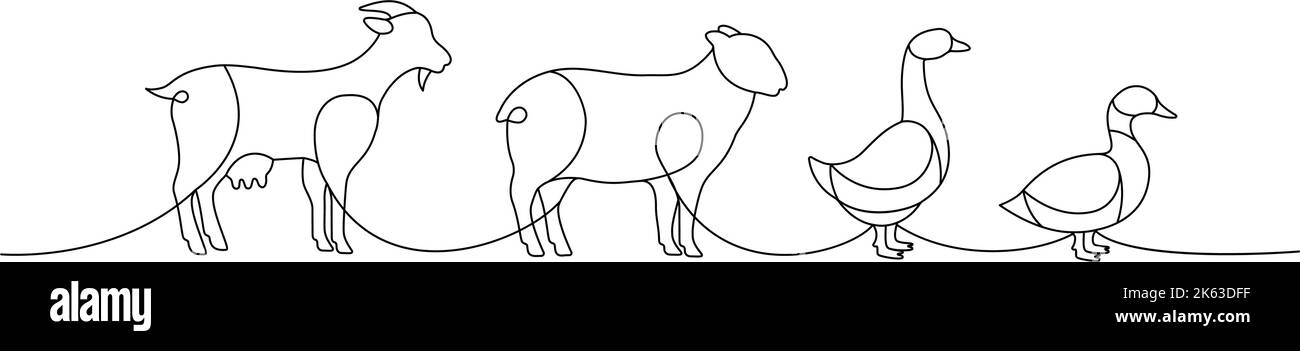 Farm animals set one line continuous drawing. Goat, Sheep, Duck, Goose ...
