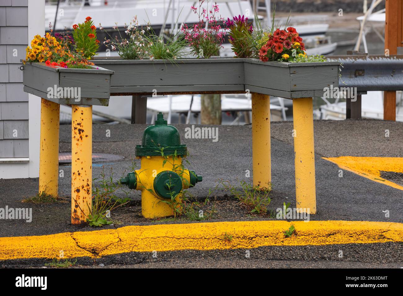 Firehydrant surrounded with flower boxes on steal poles. Stock Photo