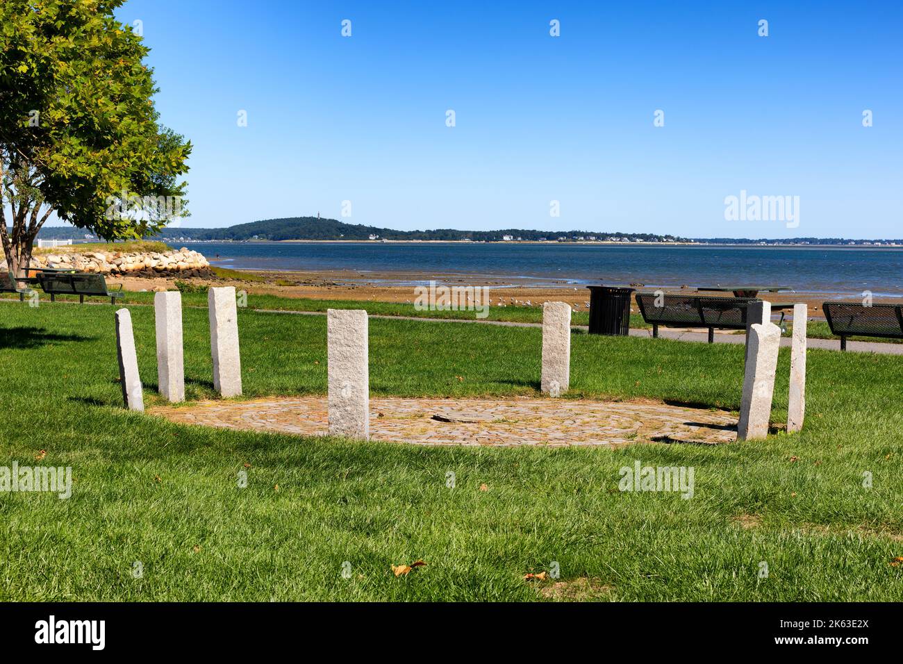 Plymouth, Massachusetts, USA - Solar calander on the waterfront which includes the sunrises, sunsets, equinox and soltice points. Stock Photo