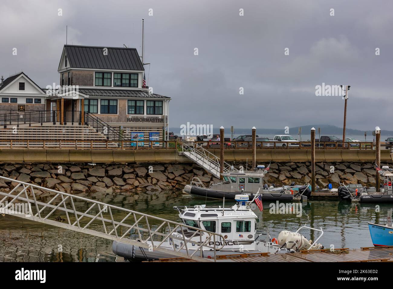Plymouth, Massachusetts, USA - September 12, 2022: Harbor Master area at Plymouth Harbor on Cape Bay. Stock Photo