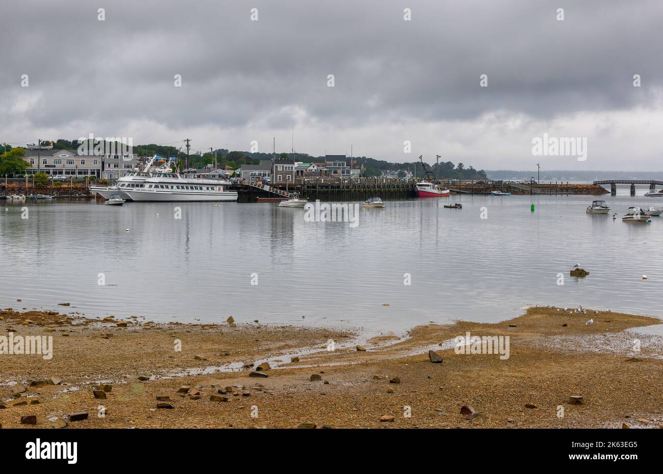 Plymouth, Massachusetts, USA - September 12, 2022: Low Tide at Plymouth harbor in Cape Bay. Stock Photo