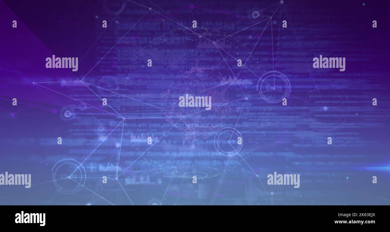 Composition of network of connections with data processing on blue background Stock Photo