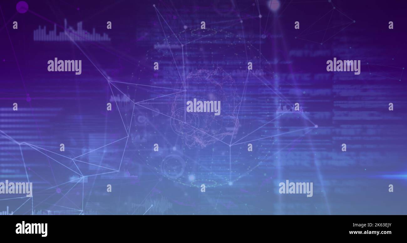 Composition of network of connections with data processing on blue background Stock Photo