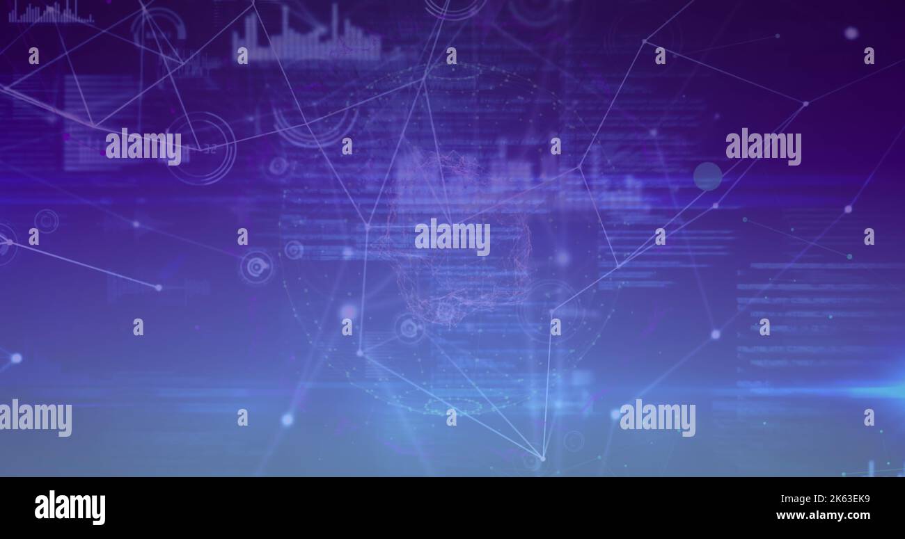 Composition of network of connections with data processing on blue background Stock Photo