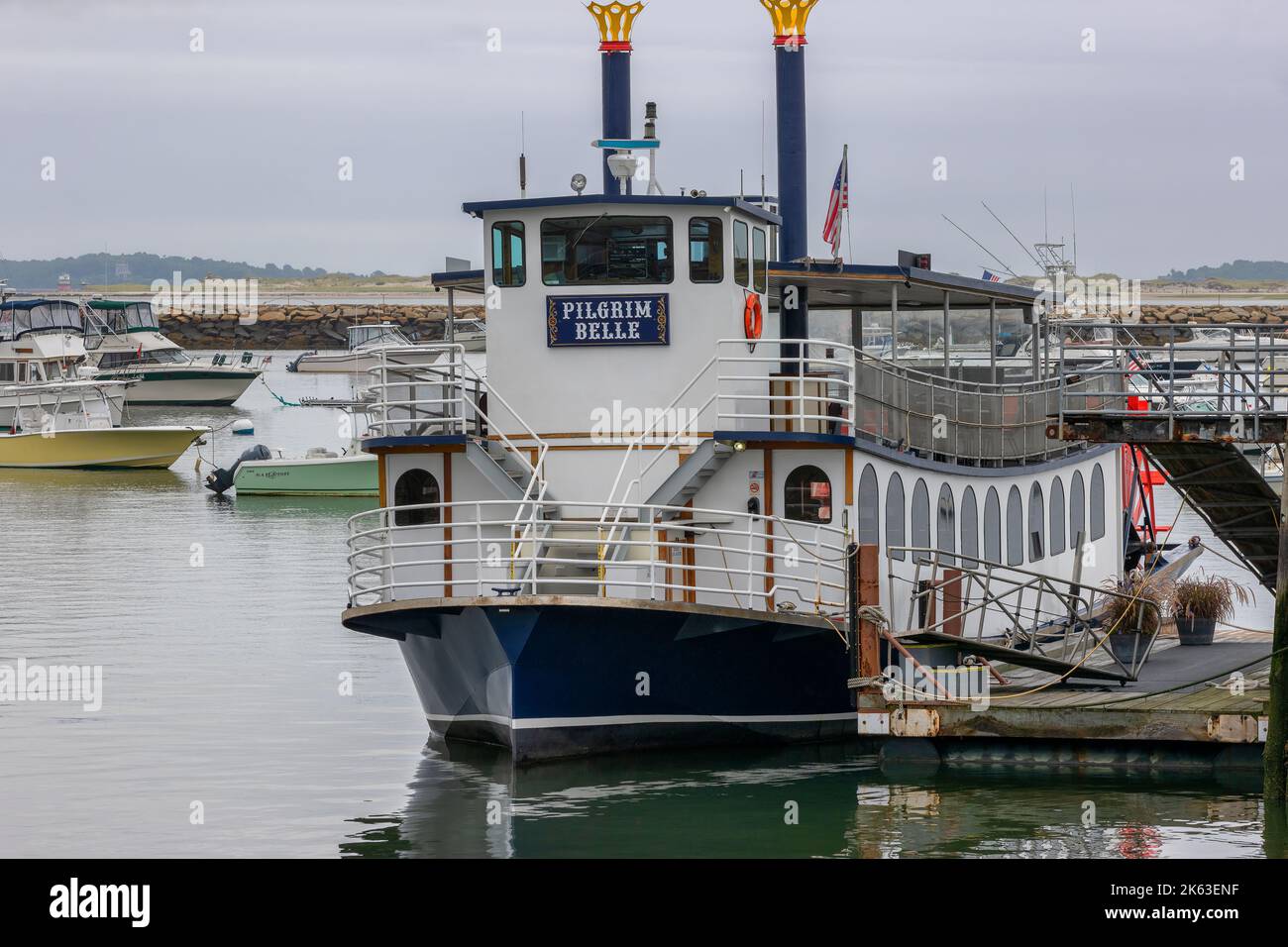 Plymouth, Massachusetts, USA - September 12, 2022: The Pilgrim Bell, apaddlewheel boat, docked in Plymouth Harbor on Cape Bay. Stock Photo