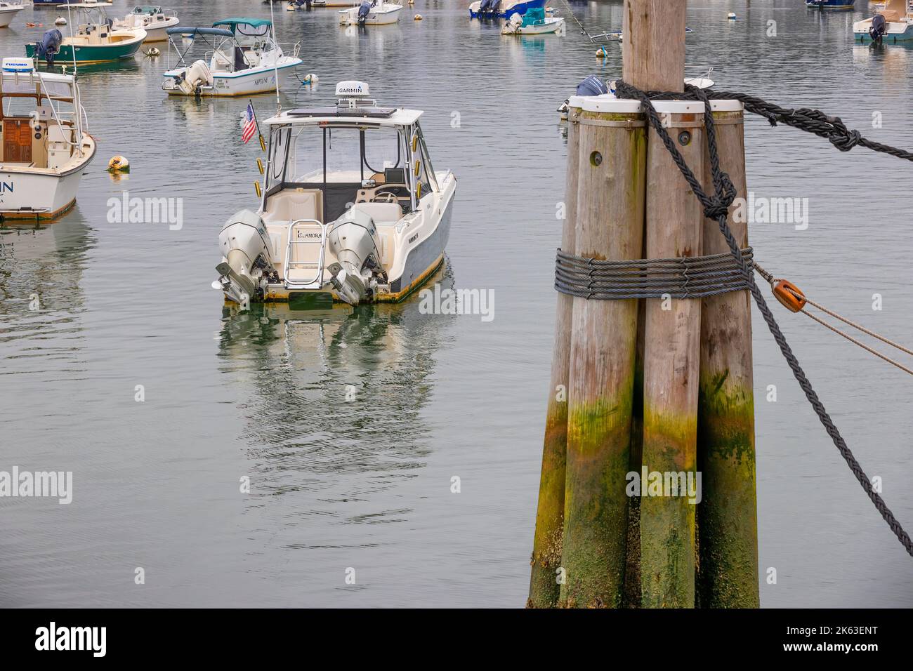 Plymouth, Massachusetts, USA - September 12, 2022:Boats sit anchored in Plymouth harbor on Cape Bay. Stock Photo