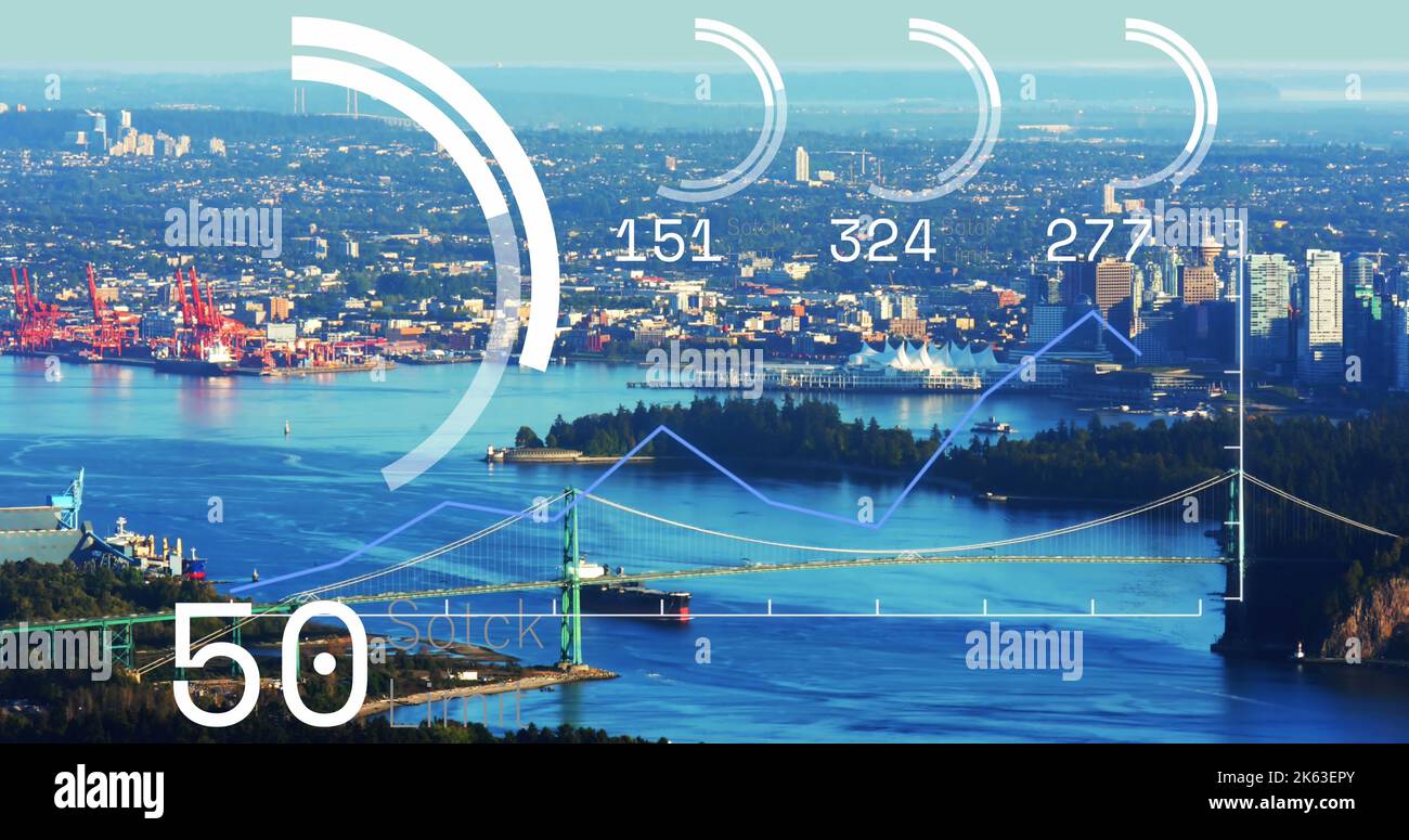 Image of scope scanning and data processing over cityscape Stock Photo