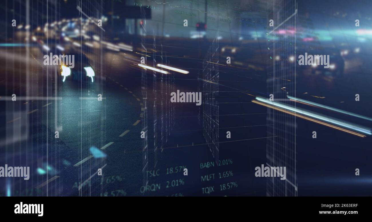 Image of data processing over cityscape Stock Photo