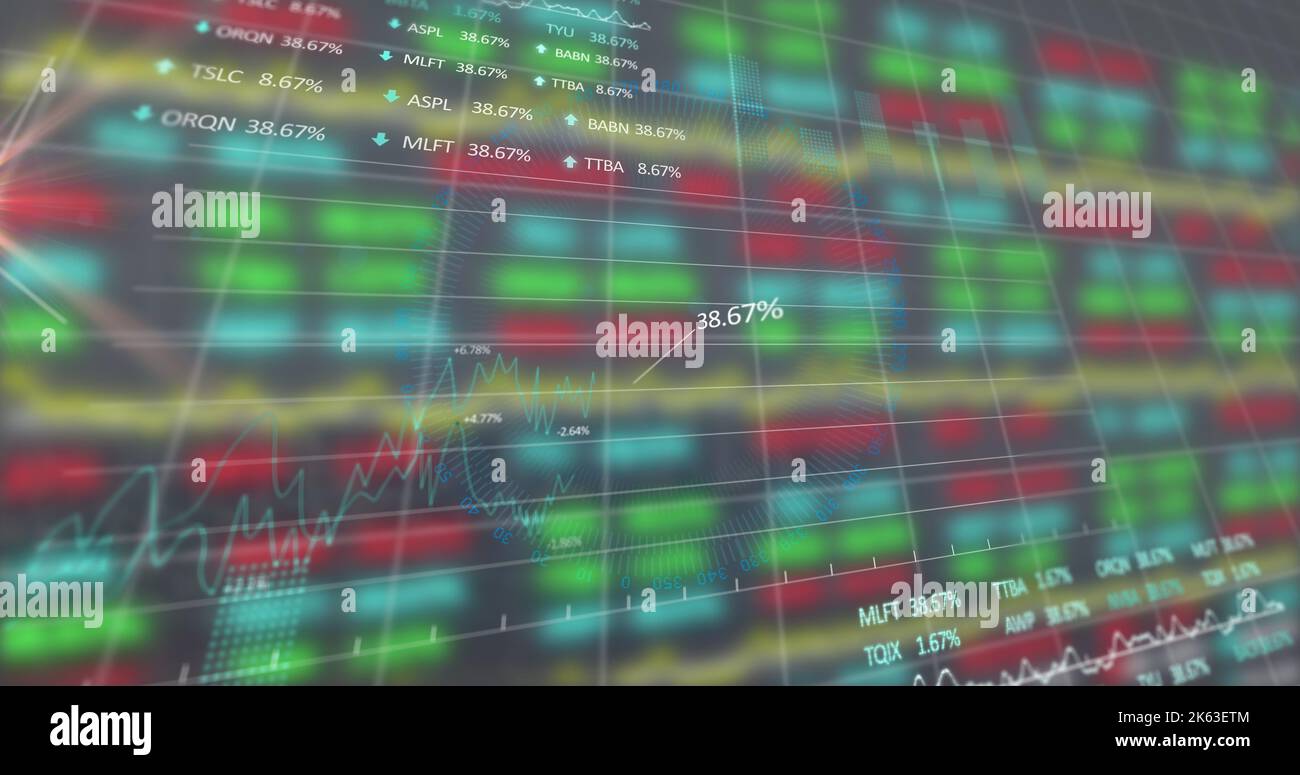 Image of data processing and moving columns on black background Stock Photo