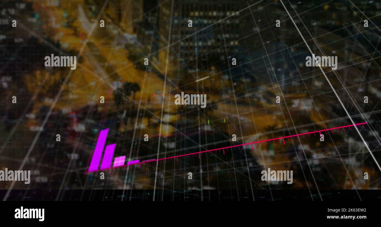 Image of graph and data processing over cityscape Stock Photo