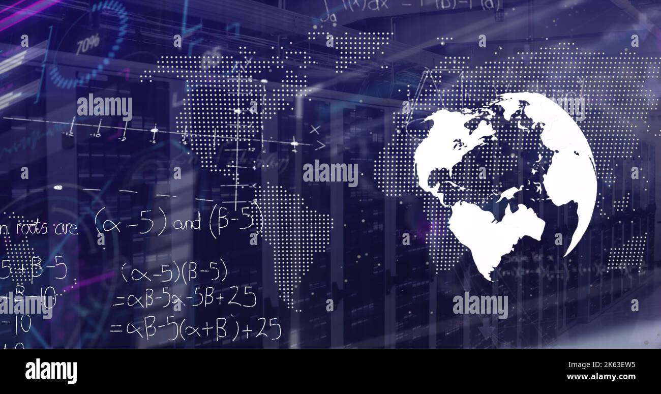 Image of data processing with globe and world map over server room ...