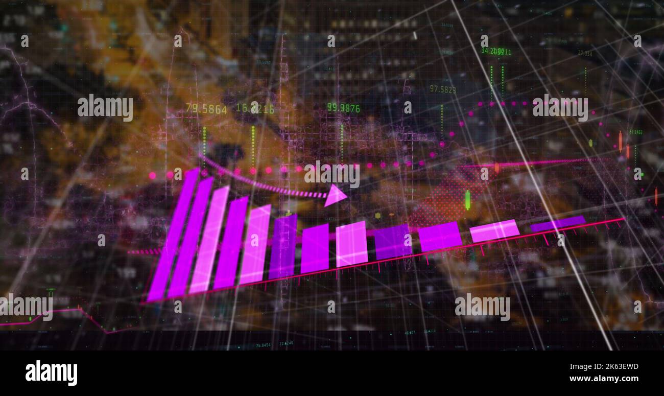 Image of graph and data processing over cityscape Stock Photo