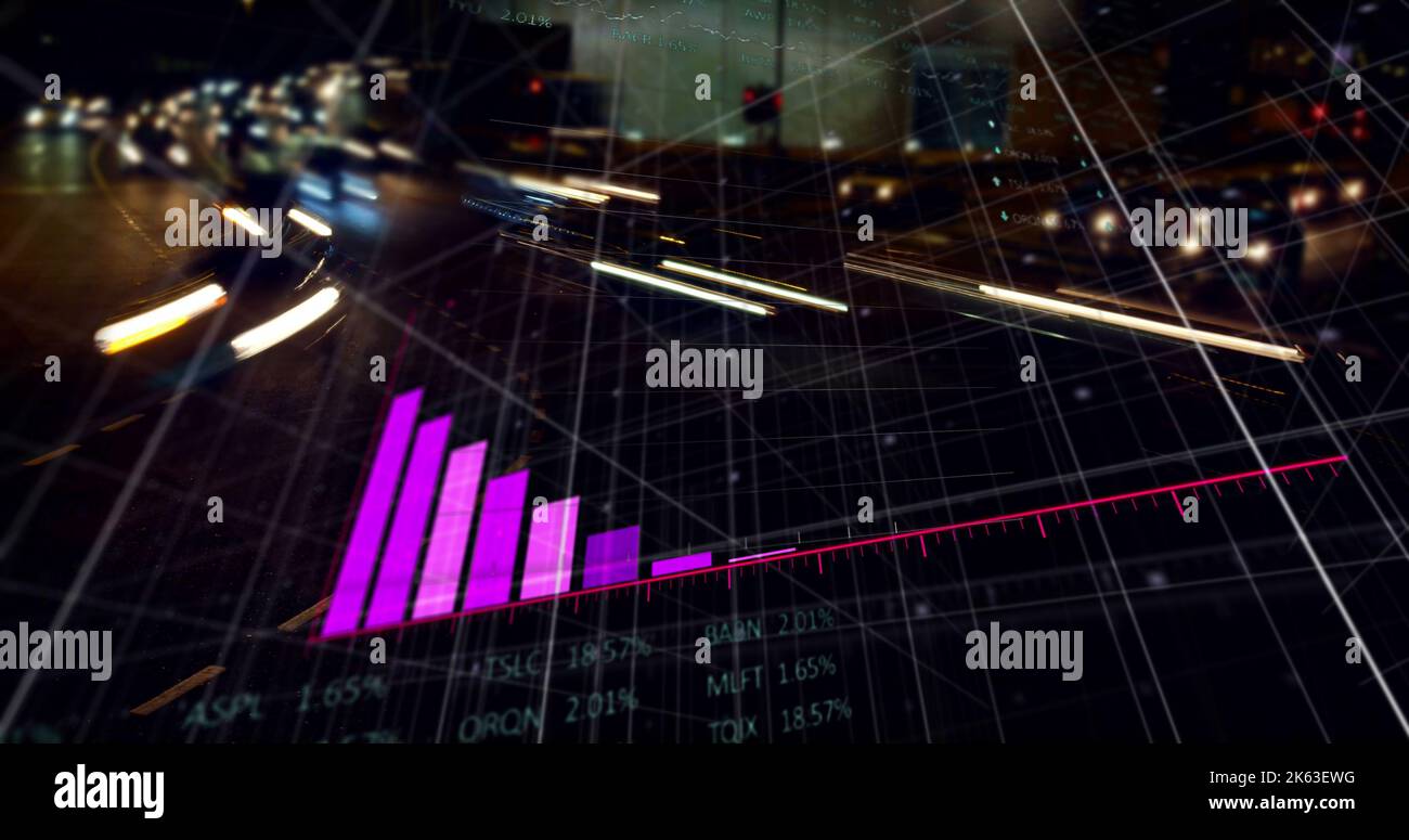 Image of graph and data processing over cityscape Stock Photo