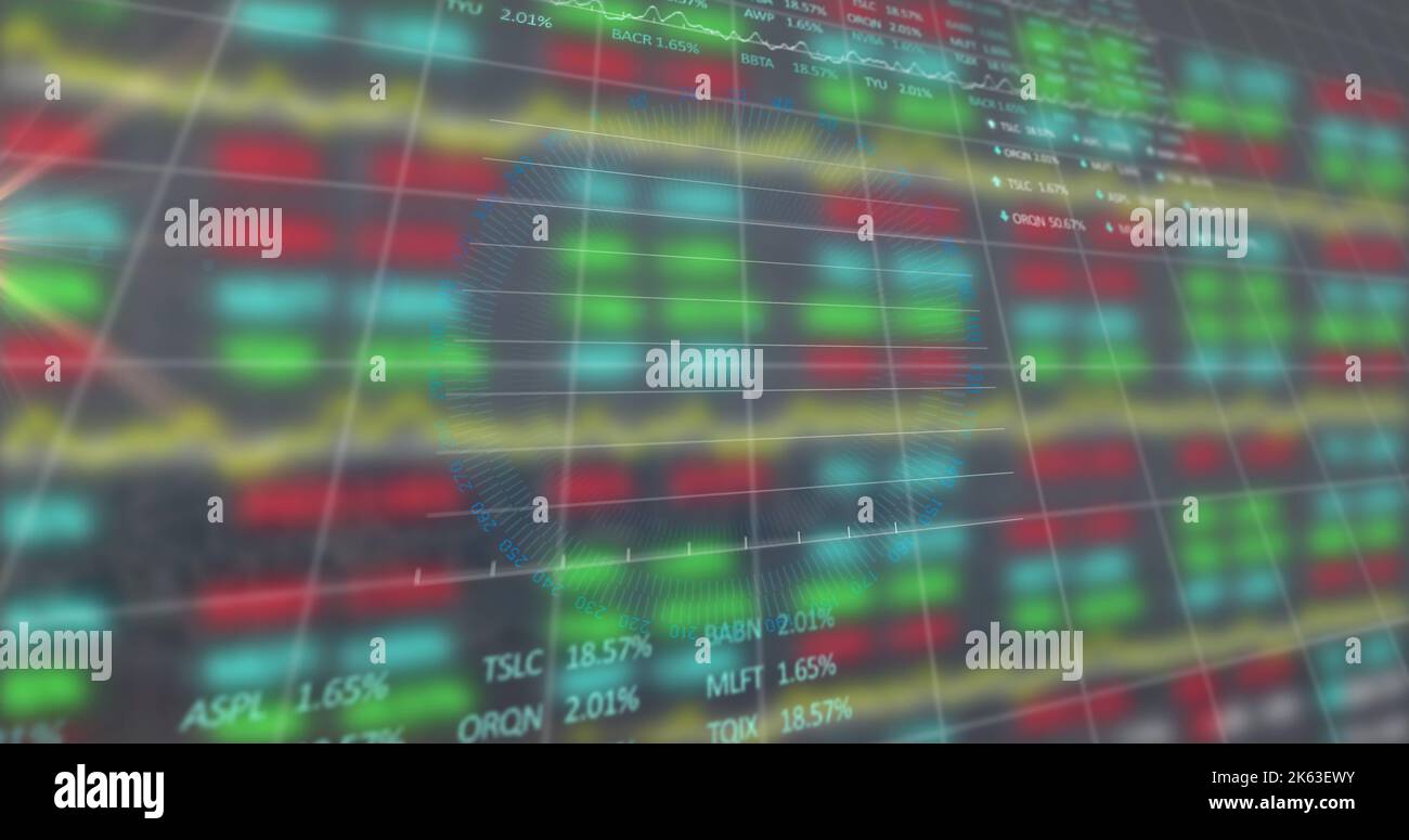 Image of data processing and moving columns on black background Stock Photo