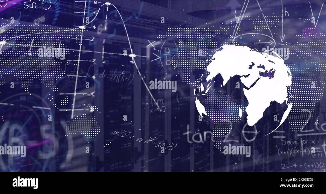 Image of data processing with globe and world map over server room ...