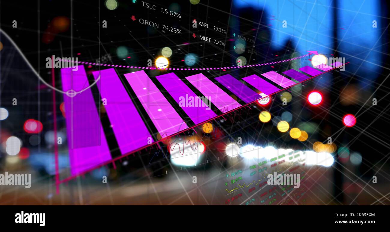 Image of graph and data processing over cityscape Stock Photo