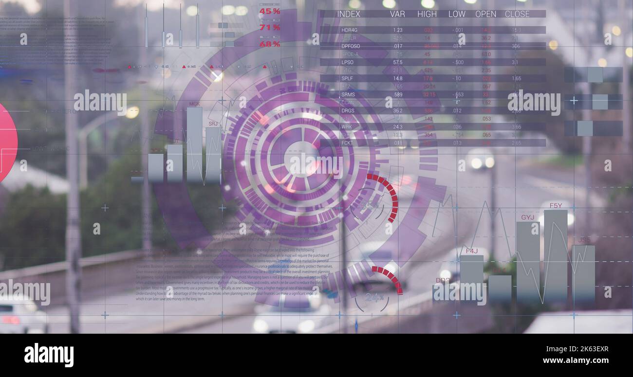 Image of scope scanning and data processing over cityscape Stock Photo