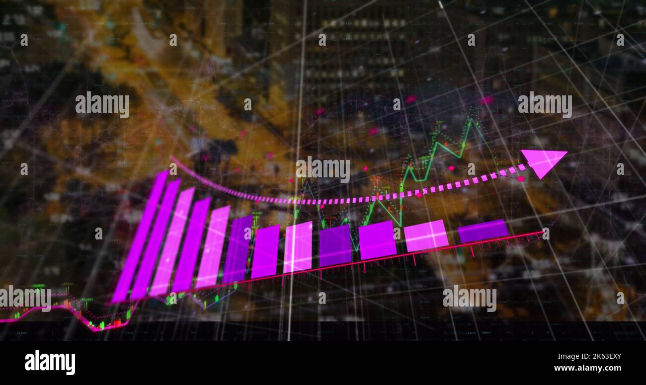 Image of graph and data processing over cityscape Stock Photo