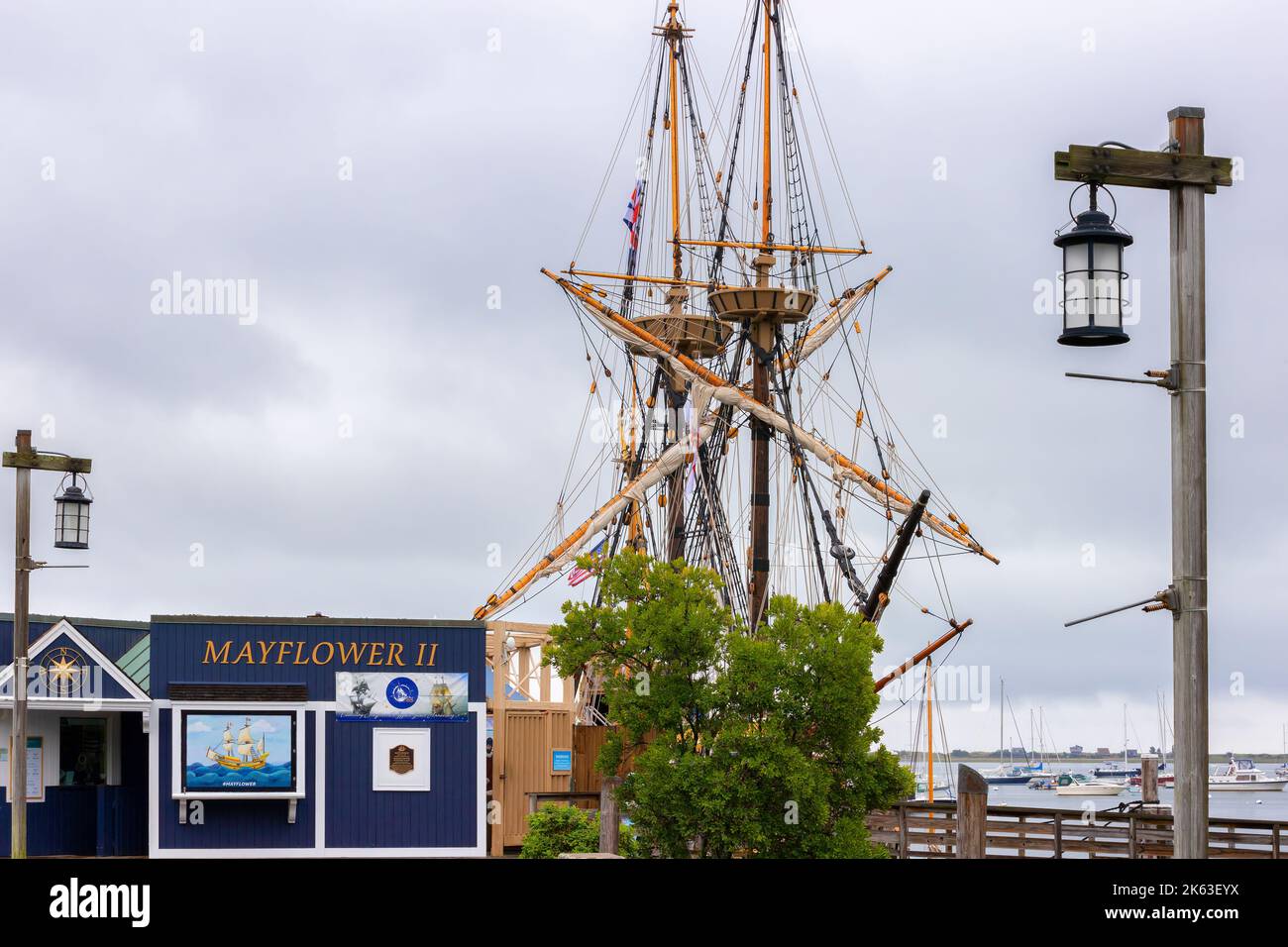 Plymouth, Massachusetts, USA - September 12, 2022: Mayflower II dock in Plymouth Harbor. Stock Photo