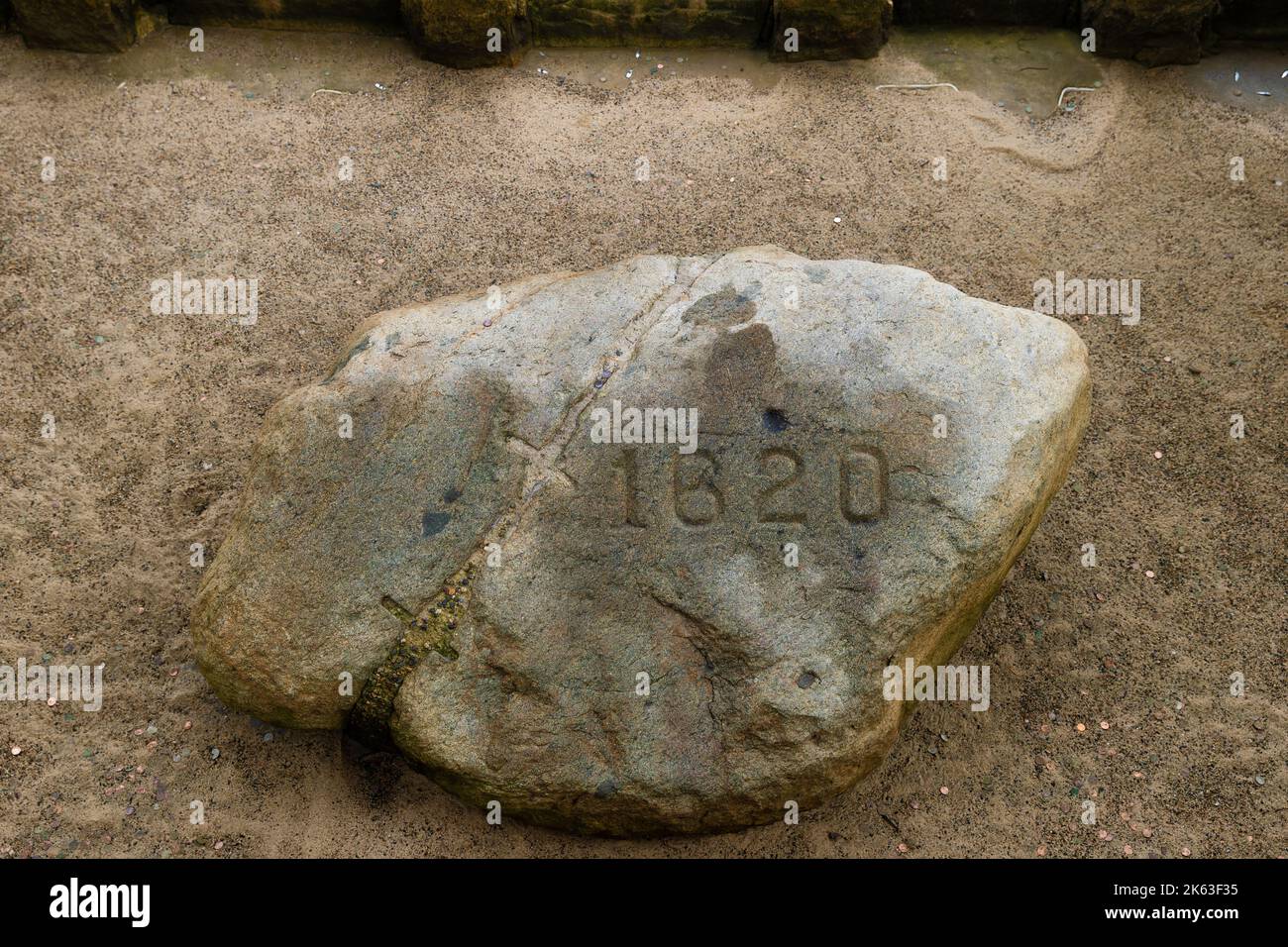 Plymouth, Massachusetts, USA - September 12, 2022:  Close up of the Rock the suppose Pilgrams stepped on when landing in Plymouth. Stock Photo